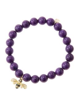 8mm Purple Mountain Jade Beaded Bracelet with 14k Gold/Diamond Bee Charm (Made