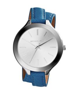 Slim Silver Color Double Wrap Stainless Steel/Leather Runway Watch   Michael