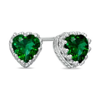0mm Heart Shaped Lab Created Emerald Crown Earrings in Sterling