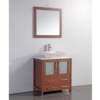 Legion Furniture White Artificial Stone Top 30 inch Vessel Sink Cherry Bathroom Vanity And Matching Framed Mirror Cherry Size Single Vanities