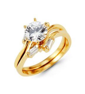 14k Yellow Gold Wedding Baguette Round CZ Rings Set Jewelry