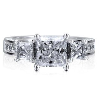 BERRICLE Sterling Silver 925 Princess Cut Cubic Zirconia CZ 3 Stone Fashion Right Hand Ring Jewelry