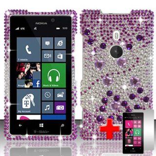 Nokia Lumia 925 (T Mobile) 2 Piece Snap On Rhinestone/Diamond/Bling Case Cover, Purple/Silver Waterfall Heart Swirls Pattern + LCD Clear Screen Saver Protector Cell Phones & Accessories