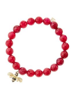 8mm Faceted Red Agate Beaded Bracelet with 14k Gold/Diamond Bee Charm (Made to