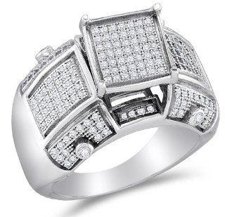 .925 Sterling Silver Plated in White Gold Rhodium Diamond Wedding , Anniversary OR Fashion Right Hand Ring Band   Square Princess Shape Center Setting w/ Micro Pave Set Round Diamonds   (3/5 cttw) Sonia Jewels Jewelry