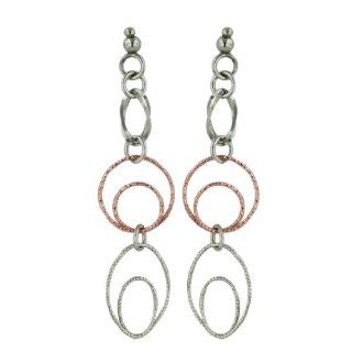 .925 Sterling Tri Color Plating(Rhodium, Gold, Rose Gold) Open Link Textured Italian Dangle Earrings Jewelry