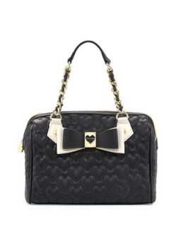 Two Tone Quilted Heart Satchel Bag, Black   Betsey Johnson