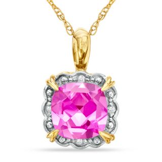 0mm Cushion Cut Pink Topaz and Diamond Accent Frame Pendant in 10K