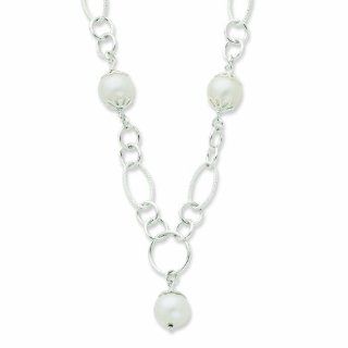 Sterling Silver & Simulated Pearl Fancy Polished Drop Necklace Jewelry