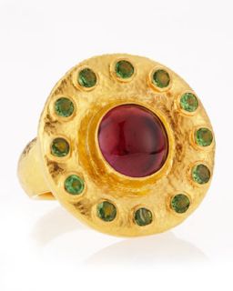 24K Gold Green Crystal & Pink Stone Ring, Size 7