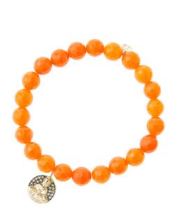 8mm Faceted Orange Agate Beaded Bracelet with 14k Gold/Diamond Sitting Buddha