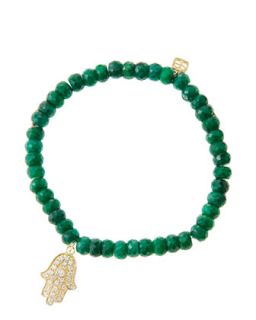 6mm Faceted Emerald Beaded Bracelet with 14k Yellow Gold/Diamond Medium Hamsa