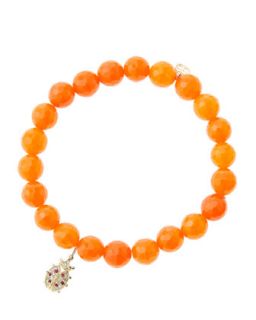 8mm Faceted Orange Agate Beaded Bracelet with 14k Gold/Diamond Medium Ladybug