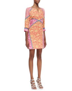 Womens 3/4 Sleeve Mixed Print Keyhole Dress, Calypso Coral/Multicolor  