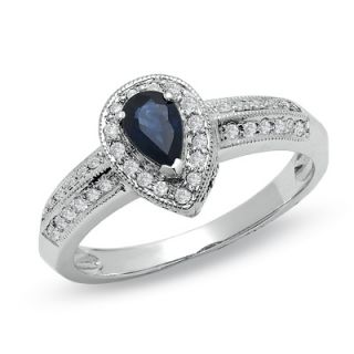 Pear Shaped Sapphire Vintage Style Ring in 10K White Gold with Diamond