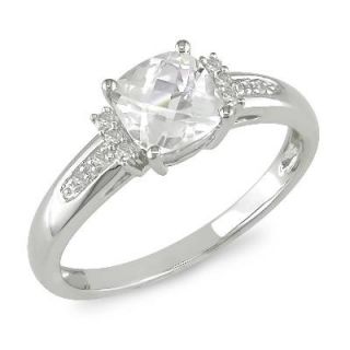 Cushion Cut White Topaz Ring with Diamond Accents in 10K White Gold