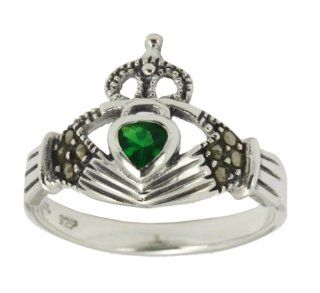 Ladies 0.925 Sterling Silver Irish Celtic Ring Synthetic Emerald Stone Jewelry