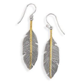 Two Tone Feather Earrings 925 Sterling Silver Dangle Earrings Jewelry