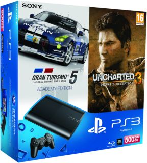 PS3 New Sony PlayStation 3 Slim Console (500 GB)   Black   Includes GT 5 Academy Edition, Uncharted 3 Game Of The Year Edition      Games Consoles