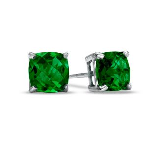 0mm Cushion Cut Lab Created Emerald Stud Earrings in 10K White Gold