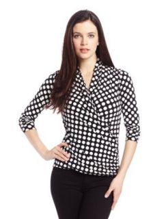 Chaus Women's 3/4 Sleeve Small Dot Wrap Top, Rich Black, Small