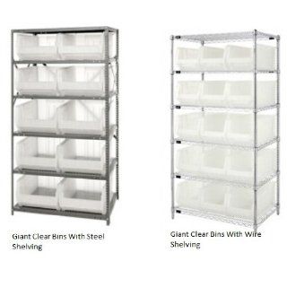 Quantum Storage Systems WR6 953CL 6 Tier Complete Wire Shelving System with 15 QUS953CL Clear View Hulk Bins, Chrome Finish, 24" Width x 36" Length x 74" Height