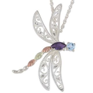 Black Hills Gold Amethyst and Blue Topaz Dragonfly Pendant in Sterling