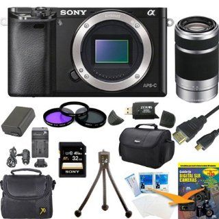 Sony Alpha a6000 Sony a6000 ILCE6000/B ILCE6000 24.3 Interchangeable Lens Camera   Body only with Sony E 55 210mm Lens BUNDLE with 64GB Class 10 Card, Spare Battery, Deluxe Padded Case, Micro HDMI Cable, DVD SLR Guide, SD Card Reader, and MORE  Camera &am