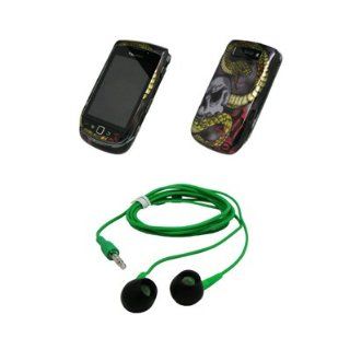 Grey and Gold Snake Skull Design Snap On Cover Case + Green 3.5mm Stereo Headphones for Blackberry Torch 9800 Cell Phones & Accessories