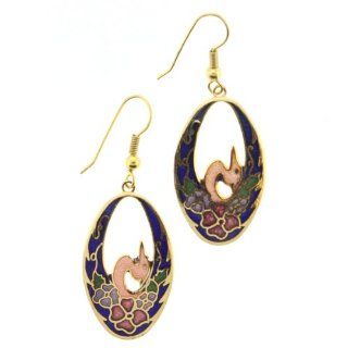 Gold Plated Cloisonne Pink Swan with Purple Background in Oval Shaped Earrings   30x17mm   Fishhook   Sold as a Pair Dangle Earrings Jewelry
