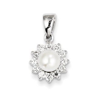 Sterling Silver Rhodium Plated Fw Cultured Pearl & Cz Pendant Jewelry