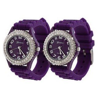 TWO Dark Purple Silicone Watch w/ Crystal Rhinestones Bezel Ceramic Look Watches