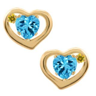1.19 Ct Heart Shape Swiss Blue Topaz Yellow Citrine 14K Yellow Gold Earrings Stud Earrings Jewelry