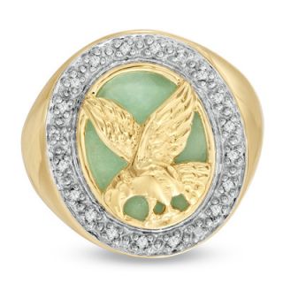 Mens Jade and 1/8 CT. T.W. Diamond Frame Eagle Ring in 18K Gold