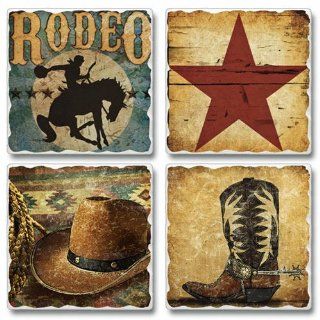 Coaster Set   Texas Lone Star Tumbled Stone Coasters   Set of Four   Texas Coasters   Boot, Cowboy Hat, Rodeo and Lone Star Kitchen & Dining