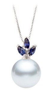 PremiumPearl 9 10mm White South Sea Pearl Pendant AAA Quality 14k Gold & Sapphires Jewelry