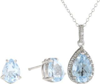 Sterling Silver Genuine Diamond and Blue Topaz Pendant Necklace and Earrings Set Jewelry Sets Jewelry
