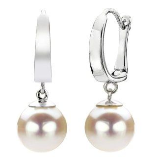14k White Gold 9 10mm Round White Cultured Freshwater Pearl High Luster Lever Back Earring. Jewelry