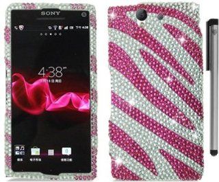 For Sony Xperia Z C6603 Full Diamond Design Hard Cover Case with ApexGears Stylus Pen (Pink Silver Zebra) Cell Phones & Accessories