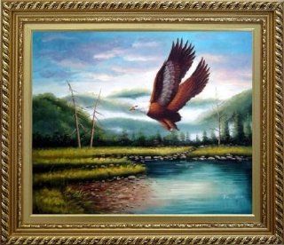 American Eagle Soaring Across the Lake Oil Painting, with White Wood Frame 26x30 Inch  