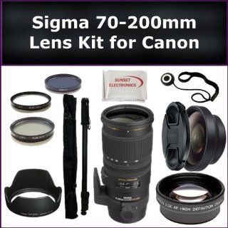 Sigma 70 200mm f/2.8 EX DG APO OS HSM Lens Kit for Canon EOS Rebel XS EOS 1000D, XSi EOS 450D, XT EOS 350D, XTi EOS 400D Digital SLR Cameras. Also Includes 0.45X Wide Angle Lens, 2X Telephoto Lens, Lens Cap, Lens Hood, Lens Cap Keeper, 3 Piece Filter Kit 