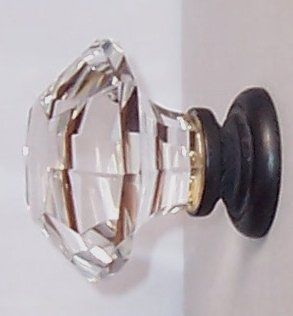 Two Oversized Asscher Cut Old Town Lead Crystal BiFold /Wardrobe Knobs, almost 2" in diameter. OIL Rubbed Bronze Stem topped over Solid Brass which is visible in the base. Another 3rd Generation RoussoDesigns for when you need the ultimate knob pull  