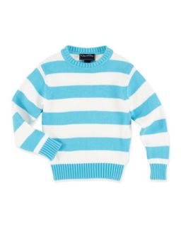 Boys Striped Pullover Sweater, Turquoise/White, 2Y 10Y   Oscar de la Renta