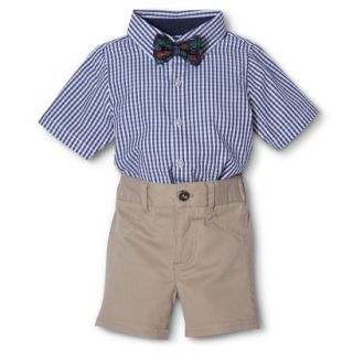 G Cutee Newborn Boys 3 Piece Shirtzie, Short and Bow Tie Set   Navy/Tan 18 M