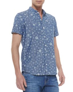 Mens Dandelion Print Short Sleeve Button Front Shirt, Blue   AG Adriano