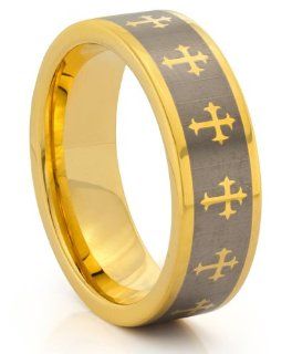 8MM Tungsten Carbide Gold Cross Wedding Band Ring w/Laser Etched Celtic Design (Available Sizes 7 14 Including Half Sizes) Titanium Mens Ring Jewelry