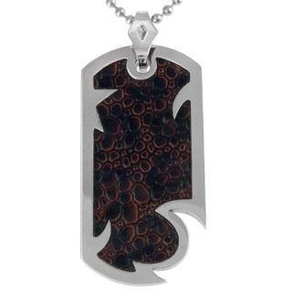 Mens Black Textured Leather Inlay Dog Tag Pendant in Stainless Steel