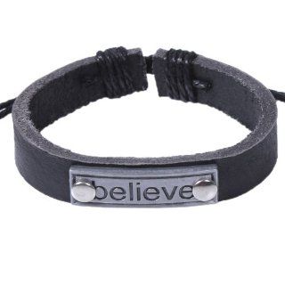 Createforlife Men's Adjustable Cord Leather Believe Slogan Word Black Bangle Bracelet Jewelry