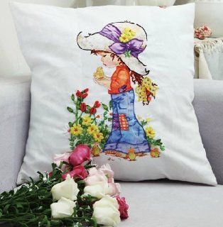 Blue Moon Needlecrafts   Mothers Day Gift, Little Princess Decorative Throw Pillow Case, Stamped Silk Ribbon Embroidery Kit, 18 By 18 Inches