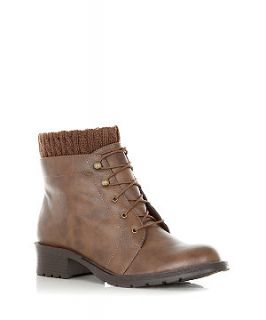 Brown Leather Look Knitted Cuff Lace Up Boots